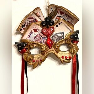 Katherine's Collection Christmas Ornament Gold Poker Mask Cards Hearts Ribbons